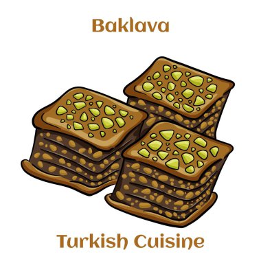 Fıstıklı baklava tatlısı. Geleneksel Orta Doğu lezzetleri. Geleneksel Türk baklavası. Vektör illüstrasyonu