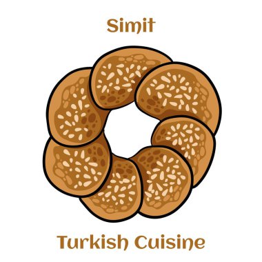 Susamlı Türk simidi Simit. Simitl geleneksel Türk pastanesidir. Çizgi film illüstrasyonu.