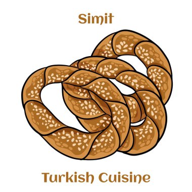 Susamlı Türk simidi Simit. Simitl geleneksel Türk pastanesidir. Çizgi film illüstrasyonu.