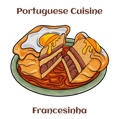 Tabakta Francesinha sandviçi, Porto, Portekiz 'den tipik yemek. Yağda yumurtayla.