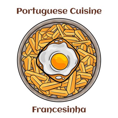 Tabakta Francesinha sandviçi, Porto, Portekiz 'den tipik yemek. Yağda yumurtayla.