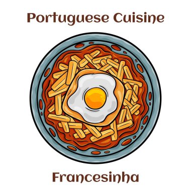 Tabakta Francesinha sandviçi, Porto, Portekiz 'den tipik yemek. Yağda yumurtayla.