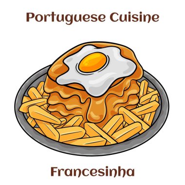 Tabakta Francesinha sandviçi, Porto, Portekiz 'den tipik yemek. Yağda yumurtayla.