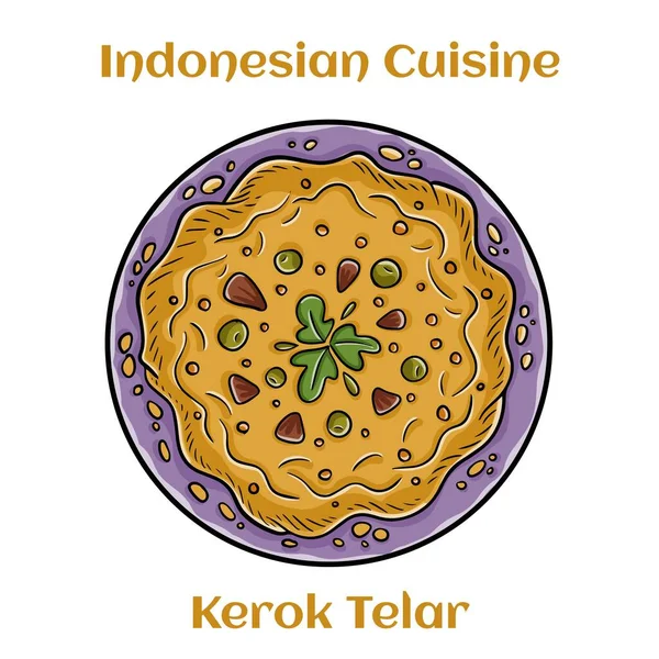 stock vector Kerak Telor. Traditional food from Betawi, Jakarta. Crusty sticky rice omelette with roasted grated coconut and ground dried shrimp mixture and fried shallot served on earthenware plate.