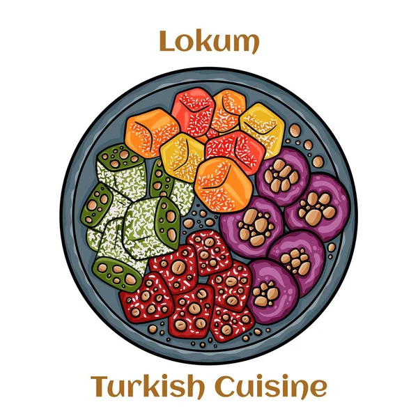 Rahat Lokum 雪利酒 开心果 对传统的土耳其甜点进行分类 土耳其菜 矢量说明 — 图库矢量图片
