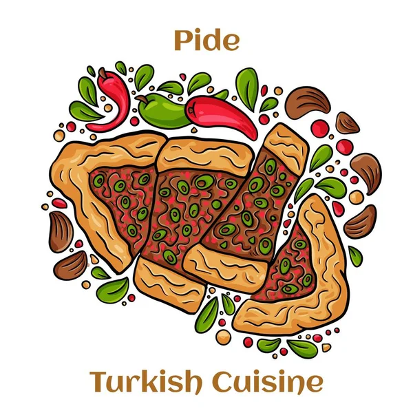 Παραδοσιακό Τούρκικο Ψημένο Πιάτο Μεσανατολίτικα Σνακ Τουρκική Πίτσα Άνοιγμα Πίτες — Διανυσματικό Αρχείο