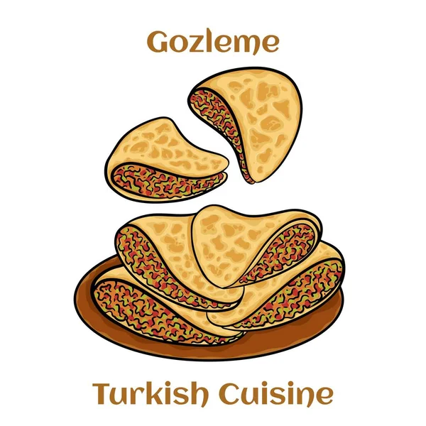 Gozleme Tureckie Ciasto Świeżo Upieczone Apetyczne Tureckie Tortille Gozleme Serem — Wektor stockowy