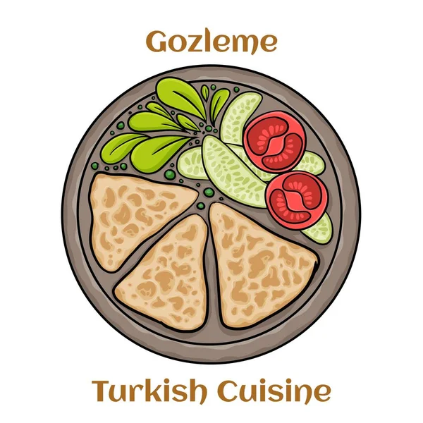 Gozleme是土耳其糕点 新鲜烘焙的开胃土耳其玉米面卷与羊乳酪 土耳其菜 — 图库矢量图片