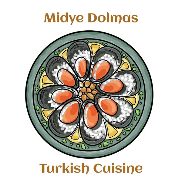 Μίντιε Ντόλμας Τούρκικα Μύδια Γεμιστά Λεμόνι Τουρκική Παραδοσιακή Κουζίνα — Διανυσματικό Αρχείο