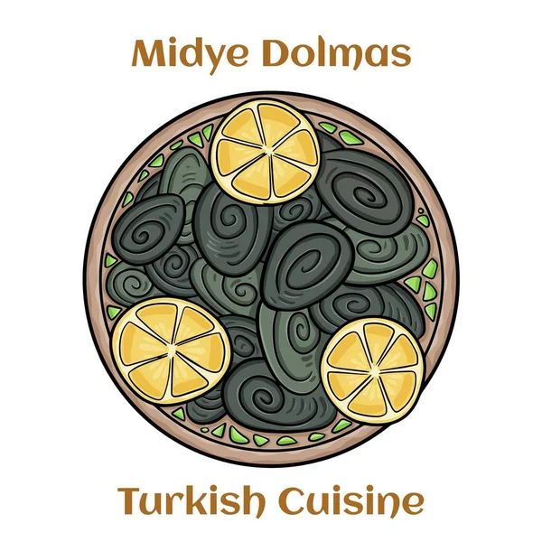 Midye Dolmas 土耳其街上的食物里塞满了柠檬 土耳其传统烹饪 — 图库矢量图片