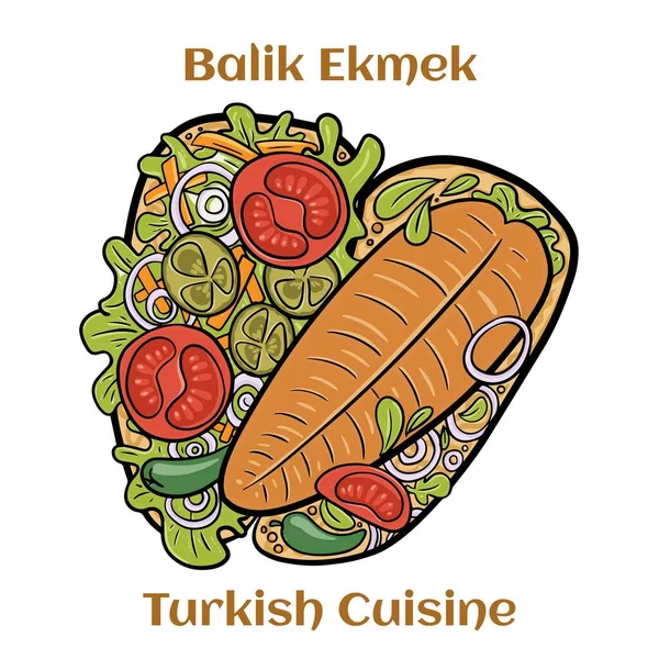 热Balik Ekmek鱼三明治与烤鲭鱼 传统的街头食品土耳其菜 卡通画 — 图库矢量图片