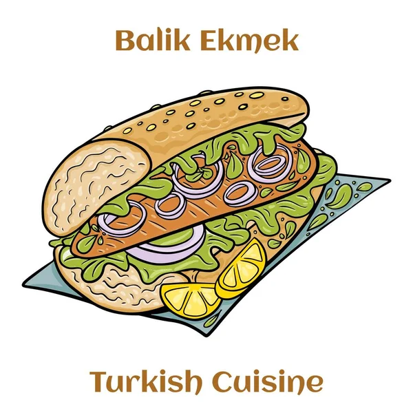 Hot Balik Ekmek Fish Sandwich Grilled Mackerel Traditional Street Food — Stock Vector