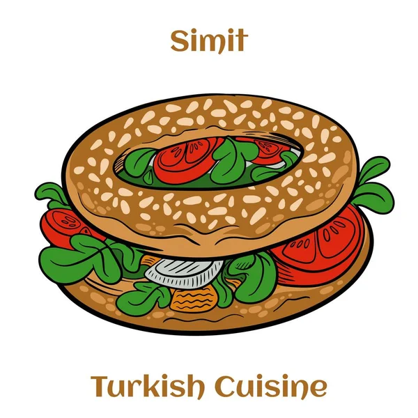 Susamlı Türk simidi Simit. Simitl geleneksel Türk pastanesidir. Çizgi film illüstrasyonu.