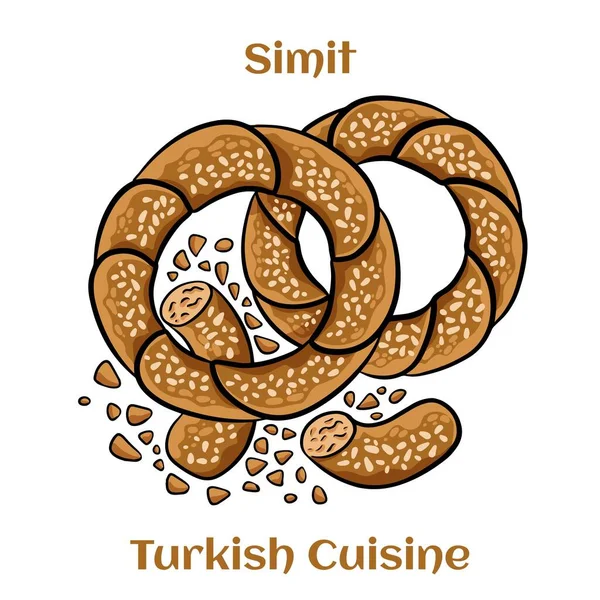 Susamlı Türk simidi Simit. Simitl geleneksel Türk pastanesidir. Çizgi film illüstrasyonu.