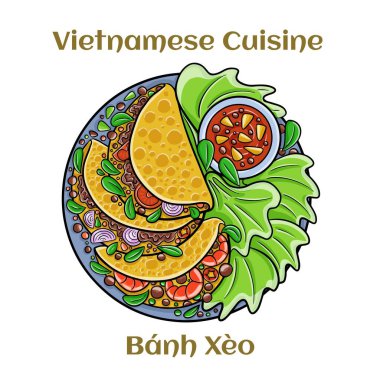 Banh Xeo. Domuz veya tavuk ile doldurulmuş Vietnam krepleri, karides, soğan ve fasulye filizi ve acı sos da olabilir. İzole vektör illüstrasyonu. 