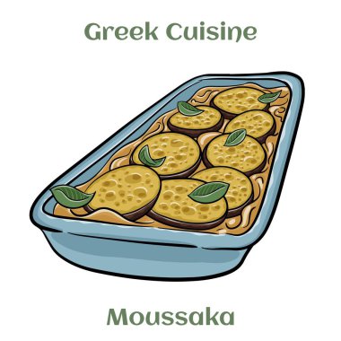 Beyaz arka planda geleneksel Yunan musakkası. İzole vektör illüstrasyonu. 