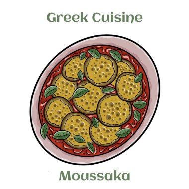 Beyaz arka planda geleneksel Yunan musakkası. İzole vektör illüstrasyonu. 