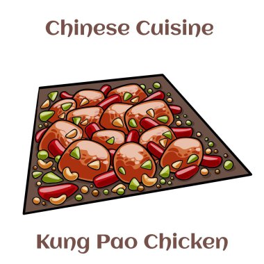 Kung Pao Chicken. A spicy stimfry dish made with chicken, peanuts, vegetables, and chilli peppers. Chinese food. Vector image isolated.