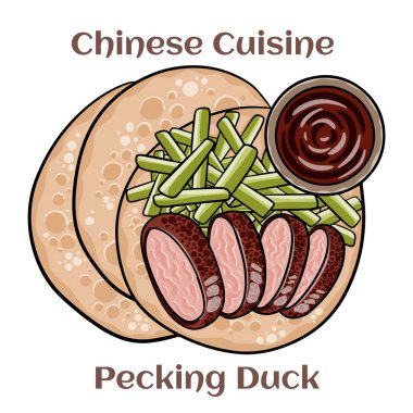 Peking Duck. The duck is eaten with spring onion, cucumber and sweet bean sauce with pancakes rolled around the fillings. Chinese food. Vector image isolated.
