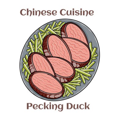 Peking Duck. The duck is eaten with spring onion, cucumber and sweet bean sauce with pancakes rolled around the fillings. Chinese food. Vector image isolated.