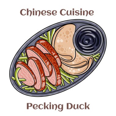 Peking Duck. The duck is eaten with spring onion, cucumber and sweet bean sauce with pancakes rolled around the fillings. Chinese food. Vector image isolated.
