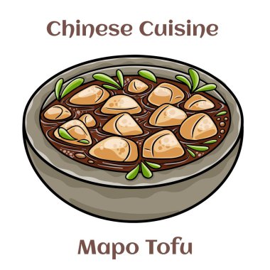 Mapo Tofu. It consists of tofu set in a spicy sauce, typically a thin, oily, and bright red suspension, along with minced meat, usually pork or beef. Chinese food. Vector image isolated.
