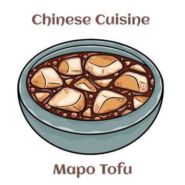 Mapo Tofu. It consists of tofu set in a spicy sauce, typically a thin, oily, and bright red suspension, along with minced meat, usually pork or beef. Chinese food. Vector image isolated.