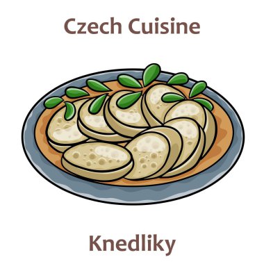 Knedliky. It is cooked dish, served on the side of many traditional dishes. Most common types are bread and potato dumplings. Czech food. Vector image isolated.