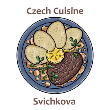 Svickova. It is sirloin steak prepared with sauce from roasted root vegetables and cream. Spiced with black pepper, bay leaf and thyme. Czech food. Vector image isolated.
