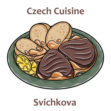 Svickova. It is sirloin steak prepared with sauce from roasted root vegetables and cream. Spiced with black pepper, bay leaf and thyme. Czech food. Vector image isolated.