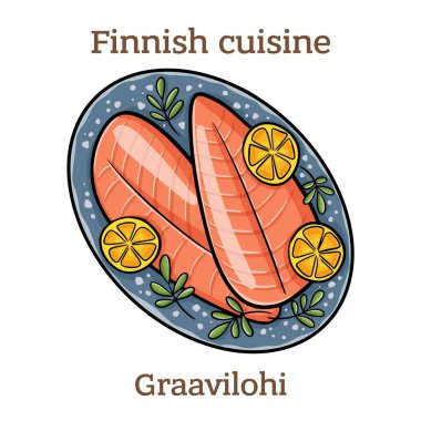 Graavilohi. Nordic dish consisting of raw salmon, cured in salt, sugar, and dill.  Finnish food. Vector image isolated.