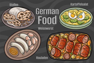German food. A set of classic dishes. Cartoon hand drawn illustration.