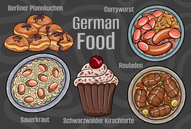 German food. A set of classic dishes. Cartoon hand drawn illustration.