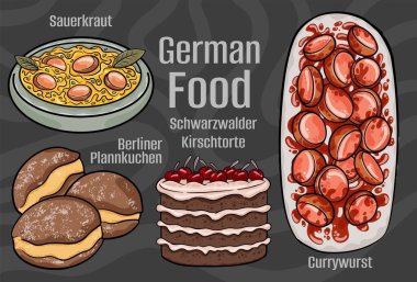 German food. A set of classic dishes. Cartoon hand drawn illustration.