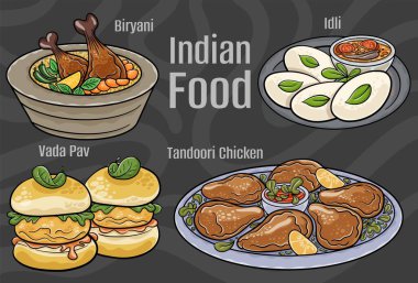 Indian food. A set of classic dishes. Cartoon hand drawn illustration.