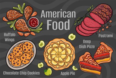 American food. A set of classic dishes. Cartoon hand drawn illustration.