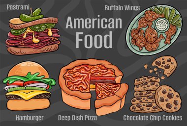 food. A set of classic dishes. Cartoon hand drawn illustration.