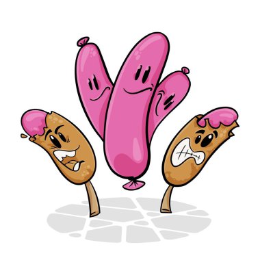 Sosis ve mısırlı sosis. Komik çizgi film karakteri. Vektör izole edilmiş arkaplan 