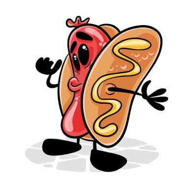 Sosisli sandviç. Komik çizgi film karakteri. Vektör izole edilmiş arkaplan 