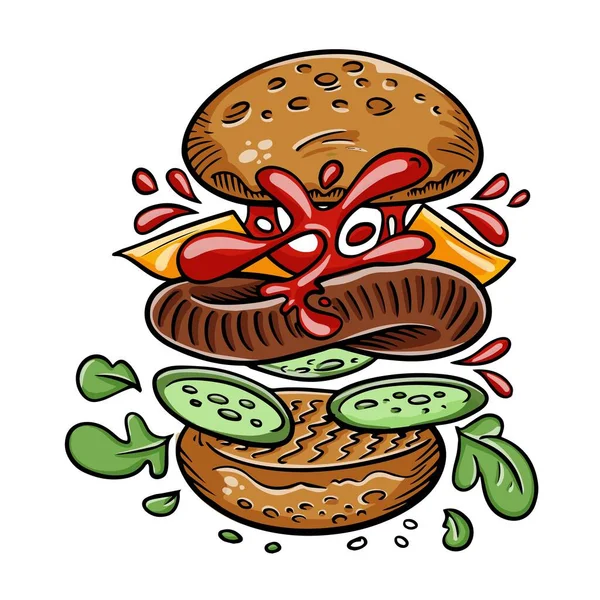 Burger Składnikami Latającymi Ręcznie Rysowany Rysunek Wektora Kreskówki — Wektor stockowy