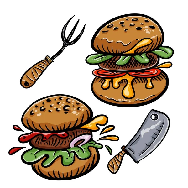 Hamburgery Ręcznie Rysowane Zdjęcie Wektora Kreskówki — Wektor stockowy