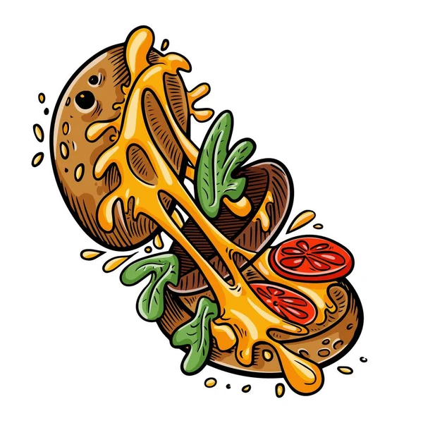 Burger Składnikami Latającymi Ręcznie Rysowany Rysunek Wektora Kreskówki — Wektor stockowy