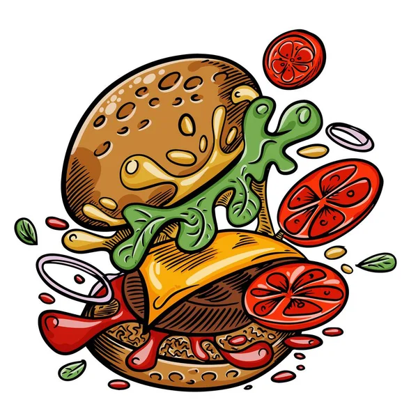 空飛ぶ食材を使ったバーガー 手描きの漫画ベクトル画像 — ストックベクタ