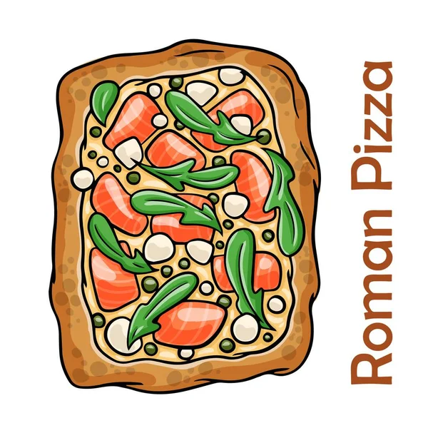 サーモンとフィラデルフィアピザ トマト モッツァレラチーズ ケッパー フィラデルフィアチーズ 白い背景にローマのピザ長方形 — ストックベクタ