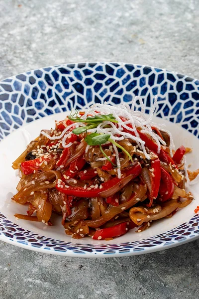 Wok Fried Vegetables Mushrooms Asian Style Decorative Plate — Stock Photo, Image