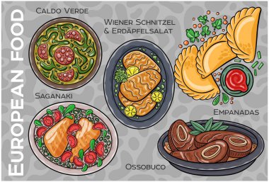 Popüler Batı ve Orta Avrupa Gıda Seti. El çizimi & Vektör.