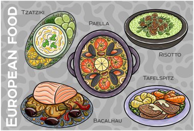 Popüler Batı ve Orta Avrupa Gıda Seti. El çizimi & Vektör.