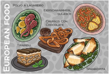 Popüler Batı ve Orta Avrupa Gıda Seti. El çizimi & Vektör.