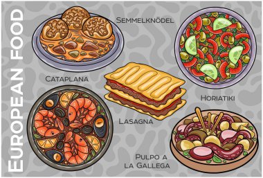 Popüler Batı ve Orta Avrupa Gıda Seti. El çizimi & Vektör.