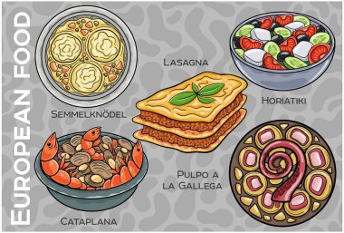 Popüler Batı ve Orta Avrupa Gıda Seti. El çizimi & Vektör.